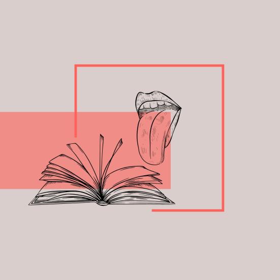 Illustration med en åben mund som slikker en åben bog. 